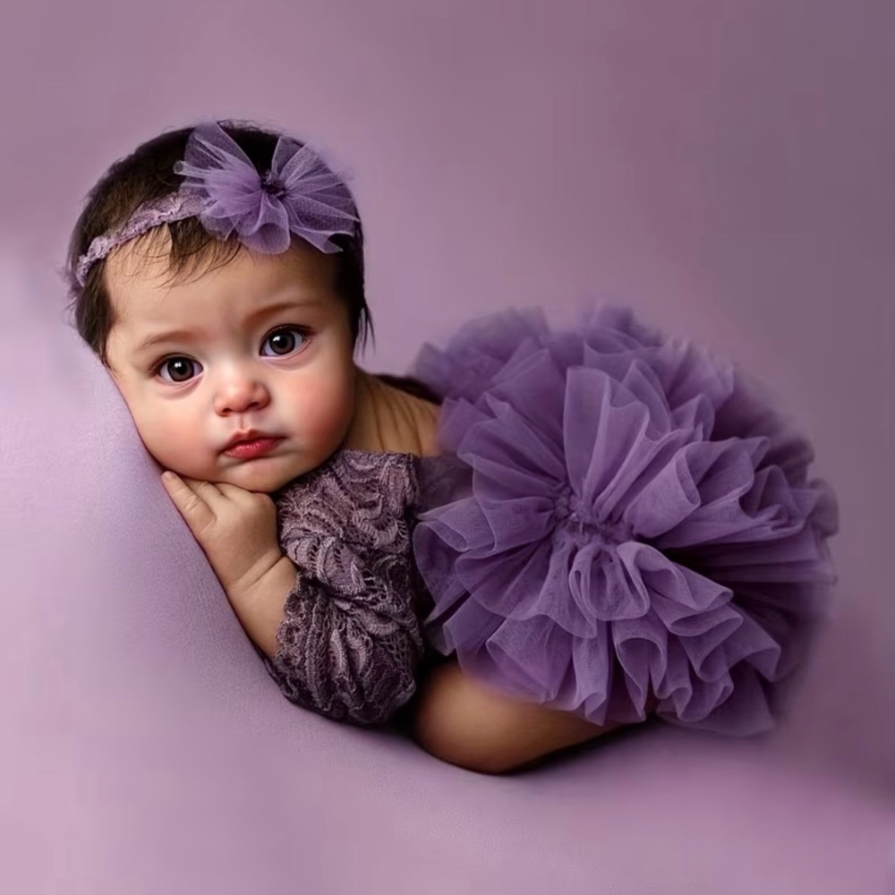 Purple Tulle and Lace Baby Infant Newborn Headband and Tutu Dress Set for Photos - Picture 9 of 12
